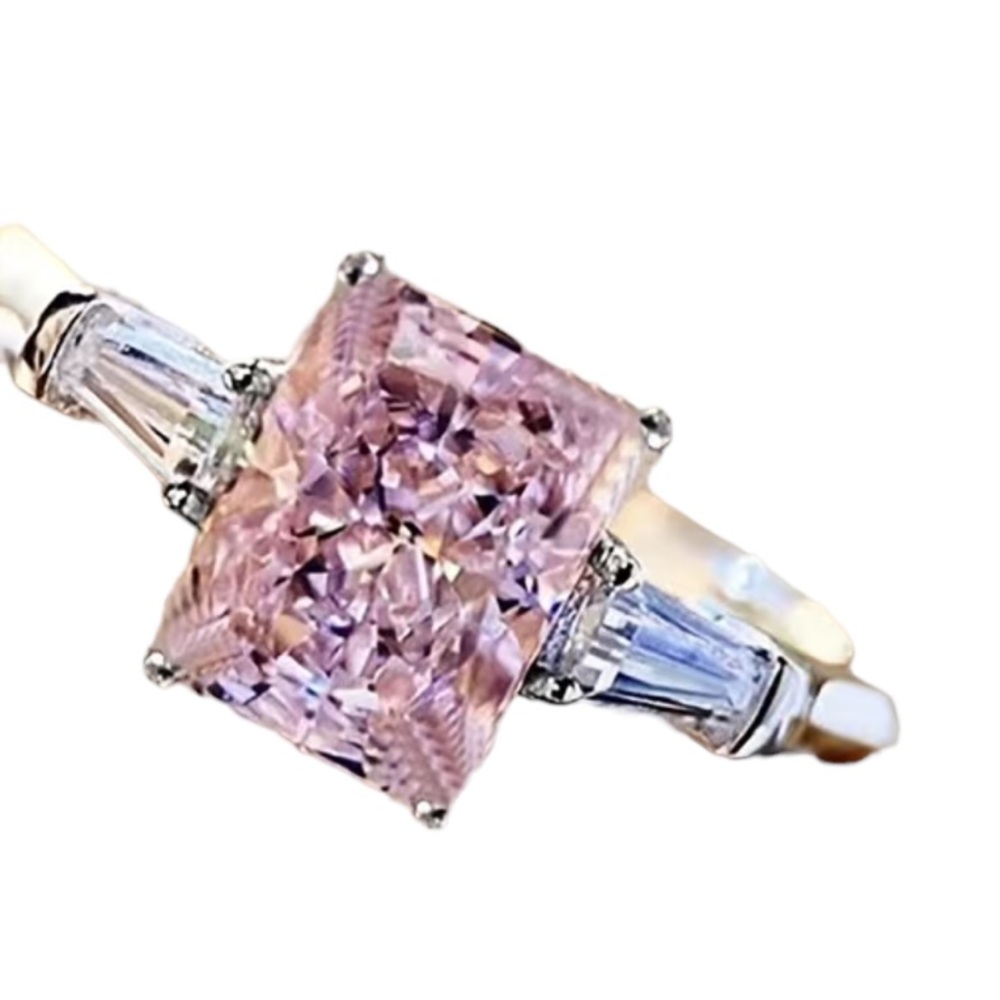 Pink Rectangular Center Stone with Rhinestone Baguettes - Picture 4 of 8